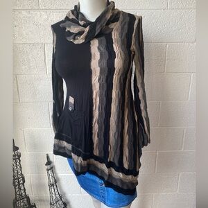 Ali Miles Black and Tan Striped Cowl Neck Top